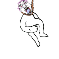 animated arm bloodshot_eyes crying dance full_body glasses hair hand hanging leg open_mouth purple_hair rope selfish_little_fuck soyjak stubble suicide tongue variant:bernd yellow_teeth // 627x631 // 354.4KB