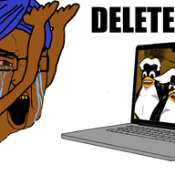 animated apple_(company) arm bloodshot_eyes brown_skin clothes computer crying delete_this g_(4chan) glasses gnulinux hand hat indian laptop laughing linus_torvalds linux open_mouth penguin richard_stallman soyjak technology text turban tux variant:chudjak yellow_teeth // 1400x762 // 160.4KB