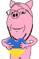 animal arm closed_mouth country ear flag flag:ukraine glasses hand heart holding_heart holding_object nipple pig pink_skin smile soyjak stubble subvariant:wholesome_soyjak ukraine variant:gapejak // 676x1021 // 74.0KB