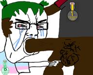 4chan anime arm badge bbc bloodshot_eyes blowjob crying green_hair hair hand negro pointing soot_colors soyjak soyjak_party tranny variant:chudjak yotsoyba // 1284x1027 // 387.5KB