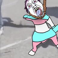animal bloodshot_eyes cat crying dance flag full_body glasses hair hanging irl_background mustache open_mouth purple_hair rope soyjak stubble suicide tongue tranny variant:bernd // 600x600 // 420.0KB