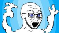 arm blue_eyes deformed drawn_background glasses hand mutant open_mouth soyjak stubble variant:soyak wrinkles // 1416x800 // 117.7KB