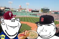 2soyjaks baseball boston_red_sox cap clothes ear eyelids food glasses hat irl_background new_york_yankees no_eyebrows pennsylvania sandwich small_eyes smile soyjak stubble subvariant:massjak subvariant:wholesome_soyjak tagme_food_name variant:gapejak variant:impish_soyak_ears // 2048x1365 // 1.3MB