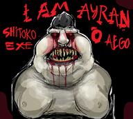 angry artist:romanian_schizo black_background black_eyes blood brown_skin creepypasta fangs fat gore hair horror meximutt obese red_eyes red_text scary shitoko sonic.exe subvariant:meximutt_front3 variant:meximutt // 1112x1001 // 182.0KB