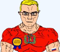 animal arm award blue_eyes buff christianity closed_mouth clothes crown eastern_orthodox eyes_like_the_o-o-cean flag flag:krasnoyarsk_krai flag:russia glasses hair krai krasnoyarsk_krai lion miner nickel orthodox_cross russia soyjak subvariant:chudjak_front subvariant:muscular_chud text transparent transparent_background tshirt variant:chudjak vein yellow_hair // 1059x929 // 141.1KB