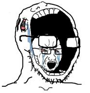 2soyjaks angry bloodshot_eyes crying glasses open_mouth soyjak stretched_mouth stubble subvariant:kekjak variant:soyak vore // 726x750 // 63.3KB