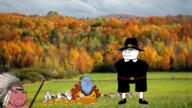 autumn blue_skin closed_mouth clothes flag flag:transgender_pride_flag full_body glasses grass gun hair irl_background multiple_soyjaks mustache native_american open_mouth pilgrim plant puritan purple_hair red_skin rifle smile stubble subvariant:massjak text thanksgiving tongue tranny tree turkey_(animal) variant:bernd variant:chudjak variant:gapejak // 1920x1080 // 3.9MB