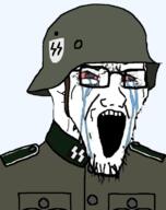bloodshot_eyes clothes collar_tabs combat_helmet crying epaulettes glasses helmet looking_to_the_right military military_combat_uniform military_uniform nazi_germany nazism open_mouth schutzstaffel schutzstaffel_uniform soyjak stahlhelm stretched_chin stretched_mouth stubble transparent_background variant:soyak world_war_2 // 599x755 // 138.0KB