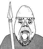 acne chain_mail clothes hat helmet medieval mustache nasal_helmet open_mouth soyjak spear stubble variant:bernd // 948x1080 // 520.9KB