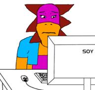 avery axolotl computer desk disappointed keyboard looking_down mouse neutral oc orange_skin scared soy subvariant:neutralplier variant:markiplier_soyjak vest // 614x582 // 79.3KB