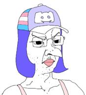 angry blue_hair closed_mouth clothes discord flag glasses hair large_nose makeup redraw sleeveless_shirt soyjak tranny variant:chudjak // 671x737 // 19.3KB