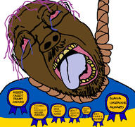award brown_skin brown_troonjak countrywar flag flag:ukraine hanging hohol meta:tagme oink open_mouth purple_hair rope stubble suicide text tranny trend:slopjak ukraine variant:bernd // 768x719 // 217.2KB