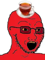 cup glasses object_on_head open_mouth plate red_skin soyjak stubble tea teeth variant:soyak // 515x688 // 46.0KB