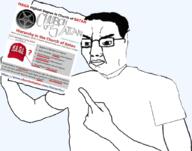 2_corinthians_(bible) 2_corinthians_4:4 anton_lavey arm chirch_of_satan chud church closed_mouth donald_trump glasses hair hand holding_object holding_sign maga maga_hat more point satanism soyjak text transparent_background variant:chudjak // 1024x806 // 422.6KB