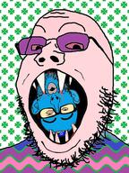 blood blue_skin clothes clover ear eating glasses hat judaism kippah open_mouth sharp_teeth soyjak stubble variant:gapejak variant:nojak vore white_skin // 1080x1440 // 457.5KB