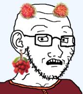 disgusted ear earring food fruit glasses open_mouth rambutan red_shirt stubble teeth variant:soyak // 680x768 // 157.2KB