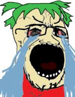 4chan anime bloodshot_eyes clothes crying distorted glasses green_hair hair open_mouth soyjak stubble tongue variant:soyak white_skin yotsoyba // 700x900 // 584.3KB