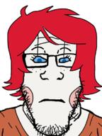 avery_(nandroid) blue_eyes cheeks closed_mouth clothes emmy_the_robot eyes_like_the_o-o-cean front_facing glasses neutral red_hair robot soyjak stubble subvariant:neutralplier variant:markiplier_soyjak // 600x800 // 95.1KB