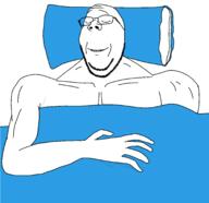 arm blanket blue buff closed_eyes glasses hand pillow sleeping smile soyjak stubble subvariant:wholesome_soyjak swolesome variant:gapejak // 2062x2000 // 142.1KB