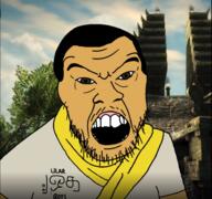 asian brown_eyes brown_skin buddha buddhism clothes just_cause open_mouth small_eyes soyjak stubble subvariant:feralgook tshirt variant:feraljak video_game // 943x883 // 913.1KB