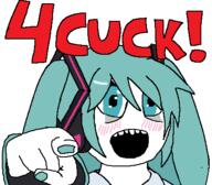 4cuck blue_eyes blue_hair blush clothes hair_ornament hatsune_miku open_mouth pointing text variant:soytan vocaloid // 436x382 // 20.6KB