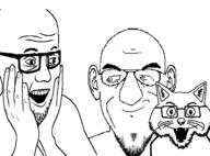 2soyjaks animal cat cat_ear closed_mouth ear fangs glasses hand open_mouth pyrocynical smile soyjak stubble teeth variant:meowjak variant:susjak variant:unknown whisker // 1350x1000 // 31.6KB