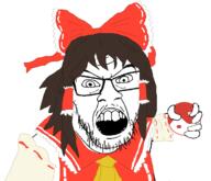 angry anime arm bowtie brown_hair clothes glasses hair hakurei_reimu hand holding_object mustache open_mouth soyjak stubble touhou variant:feraljak video_game yin_yang // 1220x1047 // 58.9KB