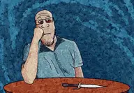 arm art background bloodshot_eyes closed_mouth clothes eyebags eyebrows glasses knife nose stubble subvariant:neutralplier table variant:markiplier_soyjak white_skin // 2397x1659 // 2.0MB