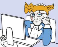 arm beard blue_eyes chair computer emmy_the_robot franny_(nandroid) glasses maid nandroid screen smile smug table variant:soyak yellow_hair // 452x363 // 100.3KB