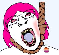 ack bloodshot_eyes dyke flag:lesbian_pride_flag glasses hanging lesbian open_mouth pink punch subvariant:bridget subvariant:gapejak_female variant:gapejak // 1200x1125 // 356.4KB
