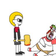 4chan 4cuck ack anime blood clothes fat full_body glasses gore green_hair hair hammer male nate obese soyjak stubble v_tan variant:bernd variant:gapejak yellow_hair yotsoyba // 500x500 // 13.7KB