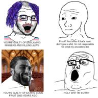 2soyjaks ance balding beard bible book catholic catholicism choker christianity church closed_mouth clothes cross cross_necklace flag flag:transgender_pride_flag forbidden_fruit gigachad glasses grey_skin jews judaism lips nigger open_mouth original_sin pink_hair purple_hair slave soyjak teeth text tranny variant:soyak variant:tony_soprano_soyjak variant:wojak window // 1500x1500 // 1.5MB