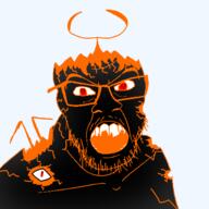 angry artist:crimsonvoidhydra1488 black_skin broken broken_teeth glasses mustache open_mouth orange_eyes orange_mustache orange_stubble soyjak stubble variant:feraljak // 1500x1500 // 125.1KB