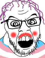 angry bald blush blushing crazed eyebrows flag flag:transgender_pride_flag glasses hair lipstick open_mouth pink_hair shirts soyjak stubble template tranny trans troon variant:feraljak white_background // 811x1049 // 71.5KB