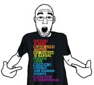 arm beard black_lives_matter clothes ear glasses hand i_love liberal love_is_love open_mouth pointing science soyjak stubble tshirt variant:shirtjak // 618x559 // 197.3KB