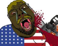 blood bloodshot_eyes brown_skin cartel chainsaw colombia country crime crying death flag flag:united_states glasses gore hair murder mustache open_mouth soyjak subvariant:chainsaw_bernd sweating united_states variant:gapejak yellow_teeth // 900x722 // 139.2KB