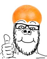 closed_mouth glasses hand orange_(fruit) smile soyjak stubble thumbs_up variant:a24_slowburn_soyjak // 200x253 // 38.3KB