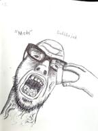 art black_and_white drawfag drawing eating eye_bags glasses hand ink meds meta:soytober meta:soytober2024 open_mouth shadow soyjak stubble variant:dubbbzjak vein // 1536x2048 // 2.1MB