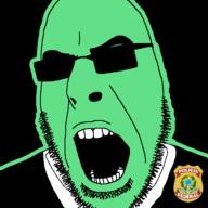 badge brazil clothes glasses glowing green green_skin necktie open_mouth police portuguese_text soyjak stubble suit sunglasses text trend:glowie variant:cobson // 721x720 // 40.1KB