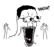 excited exclamation_mark eyes_popping glasses hair hand hands_up large_mouth nose open_mouth stubble subvariant:waow text tongue variant:chudjak variant:soyak waow wrinkles yellow_teeth // 463x397 // 5.4KB