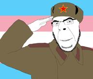 clothes communism glasses hat salute soviet_union soyjak stubble tranny transgender_flag uniform ushanka variant:cobson // 895x763 // 136.8KB