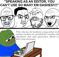 3soyjaks amphibian angry bloodshot_eyes closed_mouth crying frog glasses hair nas:pepe open_mouth pepe_the_frog soyjak stubble subnas:apu text variant:chudjak variant:gapejak variant:soyak wojak writer // 828x812 // 100.7KB