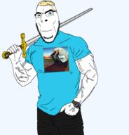 1971 album_cover aryan black_pants blue_shirt buff clothes emerson_lake_and_palmer glasses holding_object holding_sword music prog_rock soyjak stubble sword tarkus_(emerson_lake_and_palmer_album) transparent_background tshirt variant:cobson vein watch weapon yellow_hair // 1834x1910 // 398.9KB