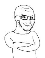 arm body closed_mouth clothes crossed_arms glasses smile smirk smug soyjak stubble subvariant:soyak_(smug) template variant:soyak white_background // 561x721 // 12.4KB