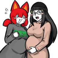 beanie belly big_belly big_breasts black_hair blush breasts cat_ear catgirl clothes female glasses hat meta:ai_generated nas:tama open_mouth pregnant red_hair surprised variant:soytan white_background // 1024x1024 // 878.0KB