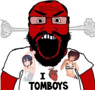 angry beard clothes fume glasses heart i_love open_mouth red_skin soyjak subvariant:science_lover text tomboy tshirt variant:markiplier_soyjak // 1567x1478 // 398.6KB