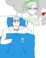 arm bed blanket boner closed_mouth clothes crystal_cafe dress gem glasses green_dress green_eyes green_hair green_hat hair hand hat holding_object muscular_male neutral pillow smile soyjak stubble subvariant:neutralplier teeth thought_bubble variant:markiplier_soyjak wine // 2850x3579 // 1.3MB