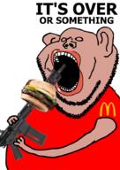ar15 big_mac brown_skin closed_eyes ear food gun hand its_over lips mcdonalds or_something red_tshirt subvariant:impish_amerimutt suicide text variant:impish_soyak_ears weapon // 638x900 // 264.9KB