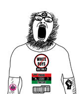 arm bbc beard clothes flag glasses kris_kane looking_down mustache open_mouth pan_african queen_of_spades raised_fist_(symbol) soyjak tattoo tshirt variant:ignatius // 656x748 // 141.8KB