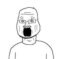 angry beard cheek_lines fat fat_neck fatty_neck forehead_lines forehead_mark furious fury gape gaping glasses hair male moustache nose obese soy_boy soyjak stubble ugly variant:chauncey // 1080x1080 // 35.2KB